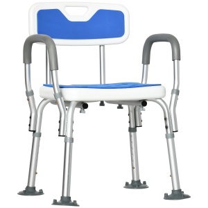 Scaun de dus cu cotiere Re-Bloom, pentru varstnici/persoane cu dizabilitati, aliaj de aluminiu/HDPE/EVA, alb/albastru, 56,5 x 53,5 x 74-87cm, Resigilat, Grad A