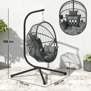 Scaun suspendat de exterior tip ou cu perna, otel/poliester/spuma/franghe PP, 115x106x188 cm, cos 90x62x114 cm, sezut 74x56cm/inaltime 43cm, capacitate 120kg, gri - Verificat A · Re-Bloom - Img 3