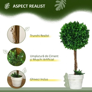 Set 2 plante artificiale buxus cu frunze de santal Re-Bloom, PE/otel, inaltime 60 cm, bila diametru 28 cm, ghiveci diametru 11.5x13 cm, verde/maro/alb - Verificat A · Re-Bloom - Img 6