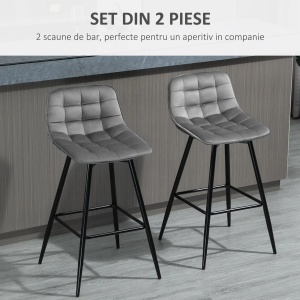 Set 2 scaune de bar stil nordic cu spatar si suport picioare, poliester/metal, 45x47x88 cm, sezut 42x35cm/inaltime 64.5cm, spatar 42.5x22.5cm, capacitate 120kg, gri/negru - Verificat A · Re-Bloom - Img 6