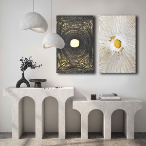 Set 2 tablouri decorative Re-Bloom, panza/lemn, alb/negru/auriu, 45 x 70 cm - Img 2