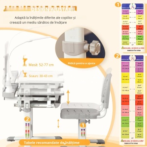 Set birou si scaun pentru copii Re-Bloom, reglabile, LED, MDF/otel/polipropilena, gri, Resigilat, Grad A - Img 5