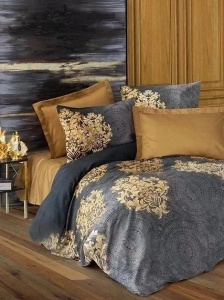 Set husa pilota + fata de perna, satin bumbac 100%, 135x200 cm + 80x80 cm, gri/auriu - Verificat A · Re-Bloom