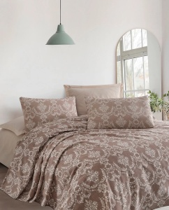 Set lenjerie de pat, bumbac 100%, 240x220 cm, cearsaf neelastic, lavabil 30°C, maro - Verificat A · Re-Bloom