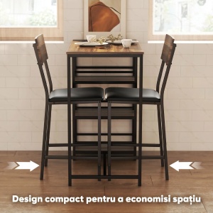 Set masa de bar cu 3 rafturi si 2 scaune Re-Bloom, otel/MDF/piele PU/spuma, masa 90x50x90.5 cm + 2 scaune 40x46x97 cm, suport picioare, 80/130 kg, nuc/negru - Verificat A · Re-Bloom - Img 4