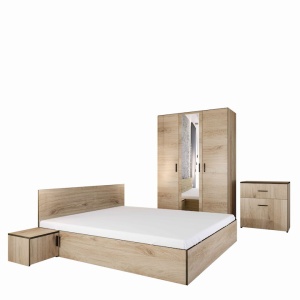 Set Mobila Dormitor Irim Treff , Pat 160x200 cm, Dulap, 2 Noptiere, Comoda, Culoare Castan, Resigilat, Grad B