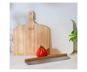 Set Piatra copt, lopata lemn si cutit pizza, DOLCE MARE, 38 cm x 30 cm x 1, 5 cm, Alb, Resigilat, Grad A - Img 4