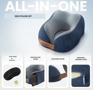 Set premium perna calatorie, Wilford & Sons, spuma cu memorie plus dopuri de urechi si husa de protectie, bleumarin, Resigilat, Grad A - Img 4