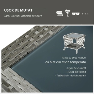 Set sezlong rattan PE cu masuta de cafea, otel/rattan PE/poliester, sezlong 74x192x31-88cm + masuta 45x45x42cm, spatar 5 niveluri, 2 roti, blat sticla calita, perna cu husa lavabila, capacitate 160kg, gri/crem - Verificat A · Re-Bloom - Img 4