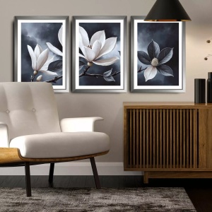 Set tablou decorativ Re-Bloom, 3 piese, model floral, MDF/lemn, gri/alb, 38 x 53 cm - Img 3