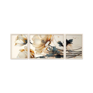 Set tablou decorativ Re-Bloom, 3 piese, model floral, MDF/lemn masiv, multicolor