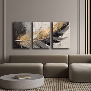 Set tablou decorativ Re-Bloom, 3 piese, model pana, lemn masiv/panza, 145 x 70 cm - Img 4