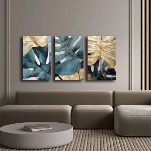 Set tablou decorativ Re-Bloom, 3 piese, panza/lemn masiv, albastru/auriu, 145 x 70 cm - Img 3
