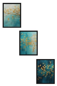 Set tablouri decorative Re-Bloom, 3 piese, MDF/lemn masiv, albastru/auriu, 50 x 70 cm