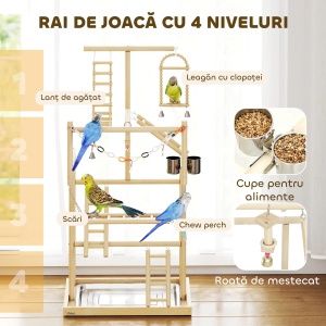 Suport de joaca pentru papagali, lemn de pin/otel inoxidabil, 48x38x95 cm, tava detasabila, scari, boluri, leagan, stinghii, pentru perusi/nimfe/conuri, lemn natural - Verificat A · Re-Bloom - Img 5