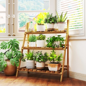 Suport pliabil pentru plante cu 3 niveluri, lemn de brad, 80x37x93 cm pliat 80x6.5x99 cm, capacitate 50kg, lemn natural - Verificat A · Re-Bloom - Img 2