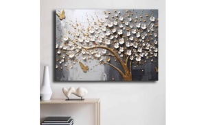 Tablou decorativ Re-Bloom, model copac, lemn masiv/panza, alb/auriu/gri, 70 x 100 cm - Img 3