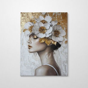 Tablou decorativ Re-Bloom, model femeie, panza/lemn, gri/auriu, 50 x 70 cm - Img 1