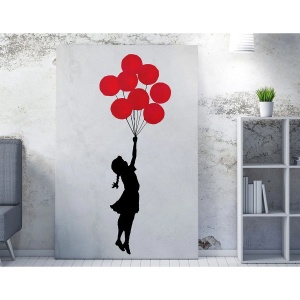 Tablou decorativ Re-Bloom, model fetita cu baloane, panza/lemn, gri/negru/rosu, 70 x 100 cm - Img 5