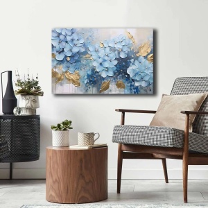 Tablou decorativ Re-Bloom, model floral, panza/lemn, albastru/auriu, 45 x 70 cm - Img 2