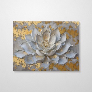Tablou decorativ Re-Bloom, model floral, panza/lemn, gri/auriu, 70 x 100 x 3 cm