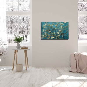 Tablou decorativ Re-Bloom, model flori de cires, panza/lemn, albastru/alb/verde, 70 x 45 cm - Img 3