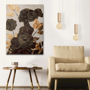 Tablou decorativ Re-Bloom, panza/lemn, maro/auriu/gri, 70 x 100 cm - Img 2