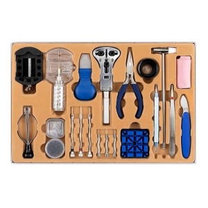 Trusa Scule pentru Reparat Ceasuri, 155 de Piese, Cutie de Transport, Kit Complet cu Unelte pentru Reglare, Schimb Baterie, Curele, Pini, Resigilat, Grad A