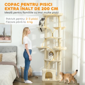 Ansamblu de joaca pentru pisici, 2 casute, 2 patui si un hamac, PAL/bumbac/sisal, bej/alb/crem, 59 x 59 x 200 cm, Resigilat, Grad A - Img 2