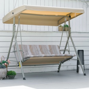 Balansoar de gradina cu baldachin Re-Bloom, otel/poliester/Teslin, 172x110x156 cm, baldachin 168x110 cm, 3 locuri, perne incluse, 210 kg, maro/bej - Verificat A · Re-Bloom - Img 2