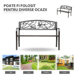 Banca de exterior din otel si fonta cu spatar decorativ, 127x60x85 cm, sezut 120.65x40.64cm/inaltime 40.5cm, spatar 118.74x33cm, cotiere 62cm, capacitate 240kg, maro - Verificat A · Re-Bloom - Img 5
