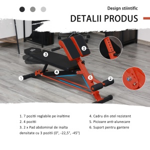 Banca fitness reglabila, pentru antrenament complet, otel/spuma EVA, rosu/negru, 64 x 146 x 73,5-85 cm, Resigilat, Grad A - Img 3