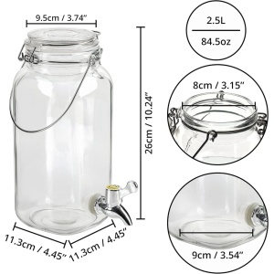 Belle Vous dozator bauturi cu robinet, sticla transparenta, 2.5L, 11.3x11.3x26 cm, capac etans, pentru suc/apa/cocktailuri/lapte - Verificat A · Re-Bloom - Img 3
