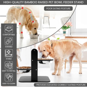 Belle Vous suport reglabil 2 boluri hrana/apa, bambus/inox, 40x30x41cm, inaltime reglabila 10-33.5cm, 2 boluri inox Ø20x6cm 1L, negru - Verificat A · Re-Bloom - Img 2
