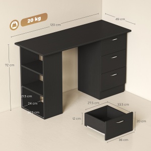 Birou PC cu 3 rafturi si 3 sertare, MDF, 120x49x72 cm, raft 36x24x22cm + sertar 28x34x12cm, capacitate 20kg, negru - Verificat A · Re-Bloom - Img 3