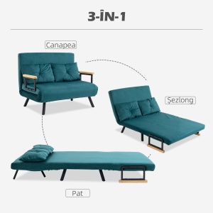 Canapea extensibila 3in1, otel/poliester/lemn, verde marin, 102 x 73 x 81 cm, Resigilat, Grad A - Img 2