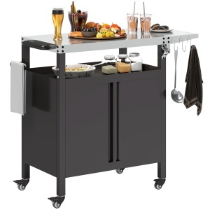 Carucior barbecue cu dulap, raft, masa laterala, otel inoxidabil, 116x50x93cm, Negru - Verificat A · Re-Bloom