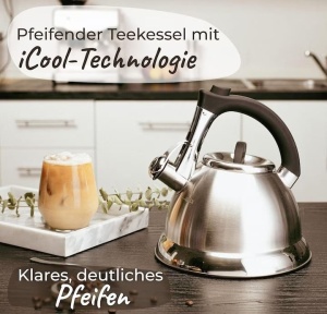 Ceainic cu fluier, Pykal, Otel inoxidabil, 3 L, 2 Infuzoare, Maner iCool, Argintiu, Resigilat, Grad A - Img 3
