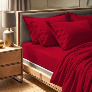 Cearsaf de pat cu elastic, bumbac ranforce 100%, 140x200+30 cm, lavabil 30°C, rosu - Verificat A · Re-Bloom