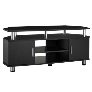 Comoda TV 120x39.5x52 cm, PAL 16mm, 2 compartimente cu usi, raft central, picioare inox, manere aliaj aluminiu, negru - Verificat A · Re-Bloom