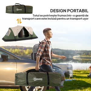 Cort de camping Re-Bloom, poliester/fibra sticla, 450x215x180 cm, 6 persoane, 2 camere separate, rezistenta vant nivel 3-5, 16 tarusi+6 corzi+geanta incluse, verde inchis - Verificat A · Re-Bloom - Img 4