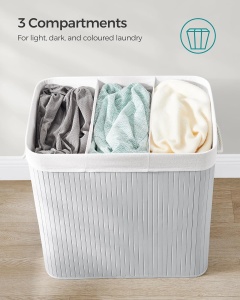 Cos pentru rufe cu 3 compartimente Songmics, bambus/textil, gri, 60 x 40 x 61,5 cm, Resigilat, Grad A - Img 3