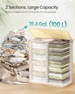 Cos pentru rufe Songmics, 2 compartimente, bambus/textil, natur/alb, 52 x 32 x 51 cm, Resigilat, Grad A - Img 3
