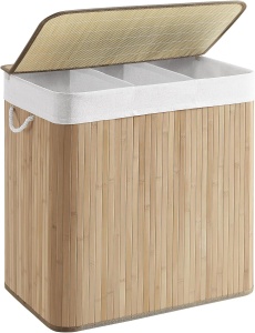 Cos pentru rufe Songmics, 3 compartimente, bambus/textil/metal, natur, 60 x 40 x 61,5 cm, Resigilat, Grad A