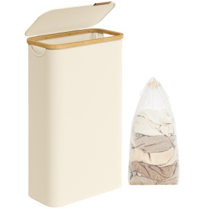 Cos pentru rufe Songmics, bambus/textil, bej/natur, 42 x 22,5 x 70,5 cm, Resigilat, Grad A