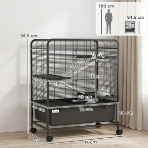 Cusca iepuri otel 4 niveluri cu platforme, rampe, roti, rezervor apa, tava detasabila 18cm, 75x46x94.5cm, Negru - Verificat A · Re-Bloom - Img 3
