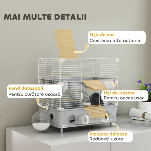 Cusca pentru hamsteri Re-Bloom, cu 2 nivele si 3 usi, otel/polipropilena/PS, gri/alb, 44 x 44,5 x 28 cm, Resigilat, Grad A - Img 5