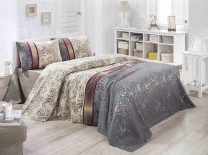 Cuvertura de pat, bumbac 100%, 140x200 cm, 260g/m², lavabil 30°C, gri/bej - Verificat A · Re-Bloom - Img 1