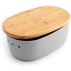 Dolce Mare cutie paine 2in1 cu capac din bambus 38.1x25.4x15.2 cm, polipropilena alimentara, gauri ventilatie, gri - Verificat A · Re-Bloom