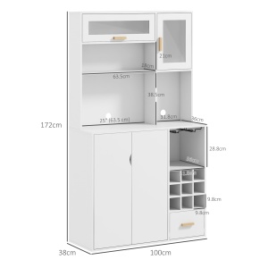 Dulap bucatarie multifunctional Re-Bloom, PAL/sticla securizata/lemn pin, 100x38x172 cm, 2 randuri suporturi sticla, 9 rafturi, sertar, alb - Verificat A · Re-Bloom - Img 3